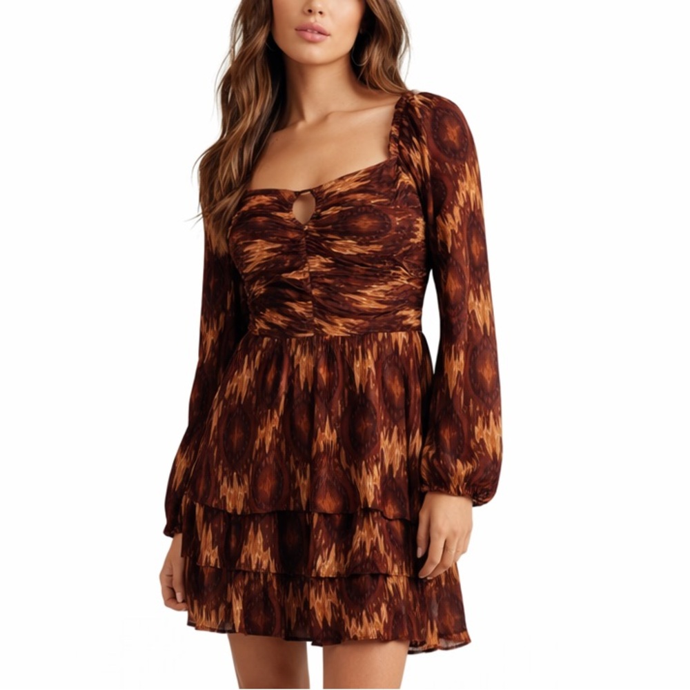 House of Harlow 1960 Ruched Boho Mini Dress Brown Metallic Cutout XS